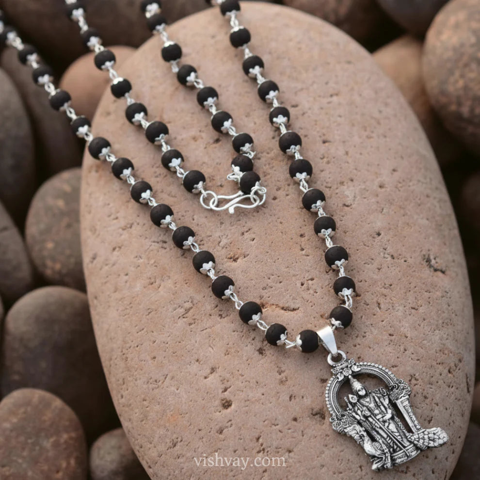 Original 108 Beads Silver Cap Karungali Mala with Murgan Pendant (Lab Tested and Government Certified)