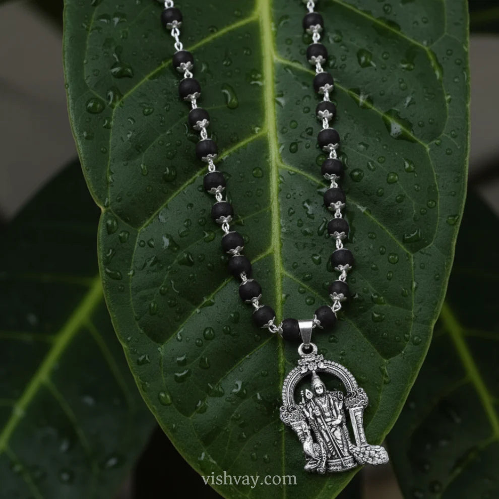 Original 108 Beads Silver Cap Karungali Mala with Murgan Pendant (Lab Tested and Government Certified)