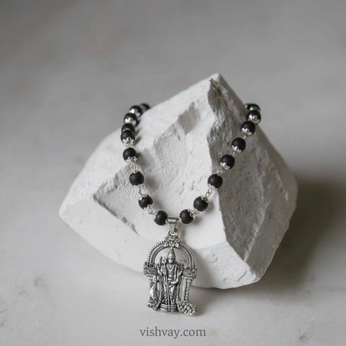 Original 108 Beads Silver Cap Karungali Mala with Murgan Pendant (Lab Tested and Government Certified)